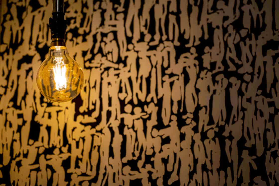 eco interior design wallpaper and vintage lights